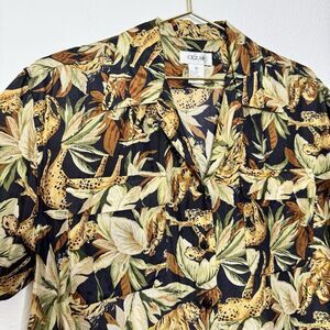 Vintage 100% Silk Top Medium 90s Tiger Cheetah Novelty Hawaiian Button Shirt